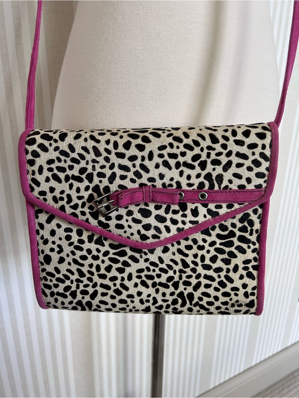 VINTAGE VAN ELi Pony Hair Spotted Pink Suede Crossbody Handbag Removable Strap - Picture 10 of 15